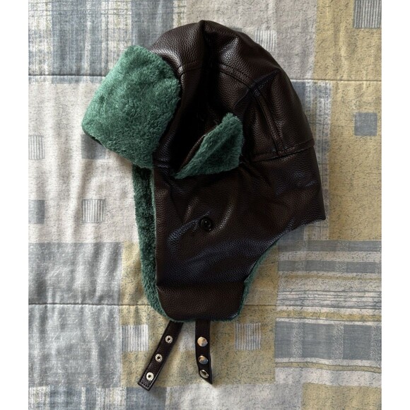 Dark Brown Faux Green Fur Trapper Faux Leather Cosplay Props Winter Hat - Picture 2 of 15